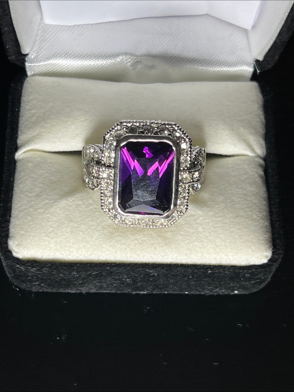 Silver-Tone Purple Emerald-Cut Halo Ring with Pavé Accents